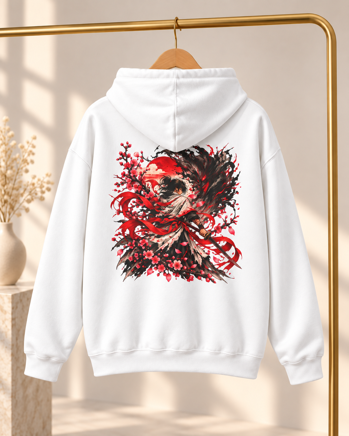 Phoenix Floral Hoodie — Red & Black Rising Bird Graphic Hoodie