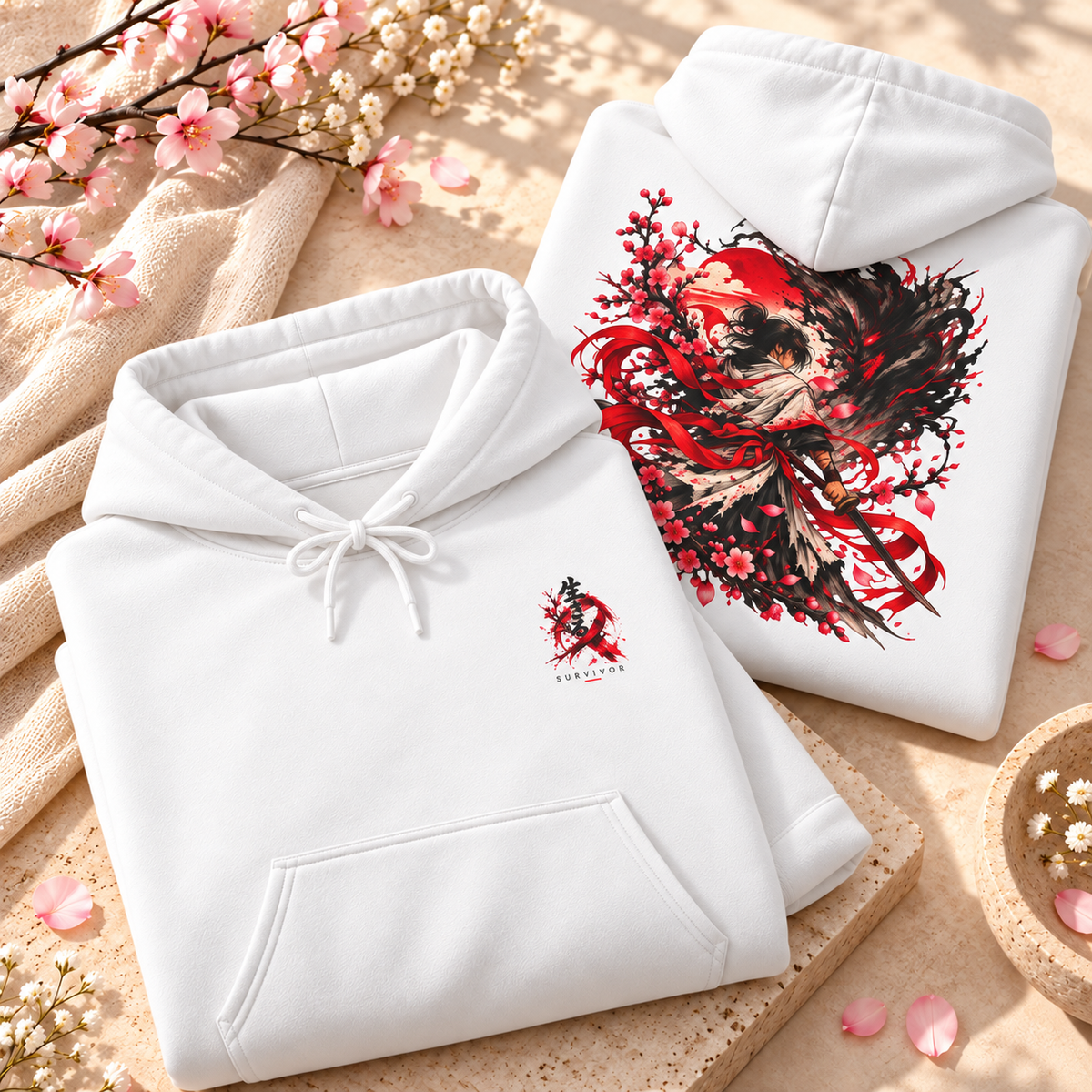 Phoenix Floral Hoodie — Red & Black Rising Bird Graphic Hoodie