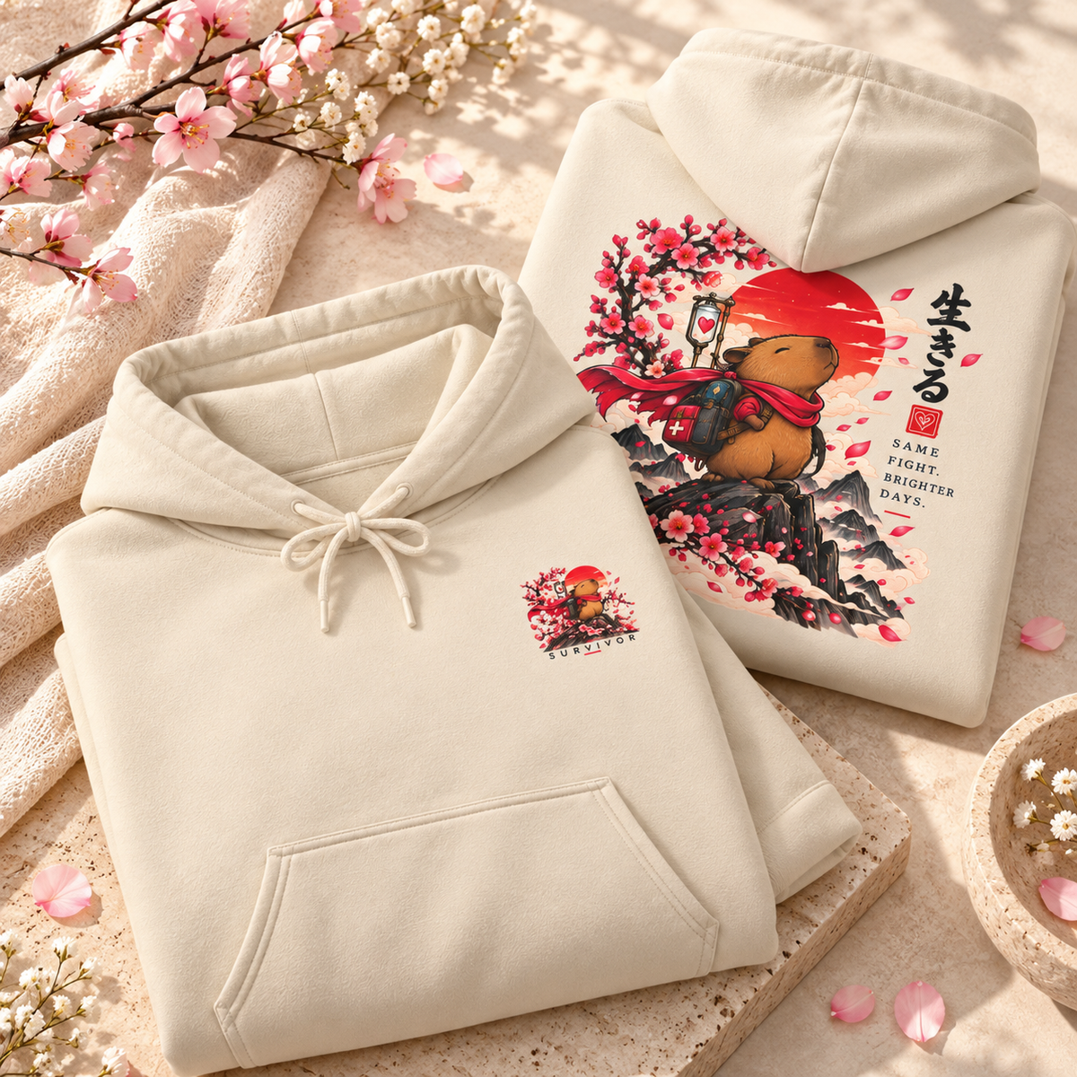 Bear Inari Hoodie — Japanese Cherry Blossom Fox Spirit Design